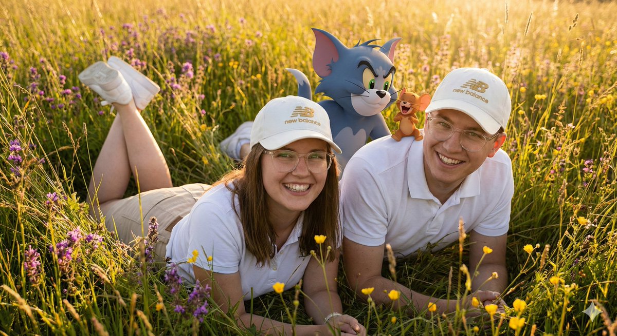 If This Caught Your Eye.
Try This Prompt 

Use: Google Nano Banana 

Prompt: Create an ultra-realistic 4K UHD cinematic image of a couple whose faces perfectly match the submitted photos, lying comfortably side by side in lush green grass with Tom and Jerry, all rendered in