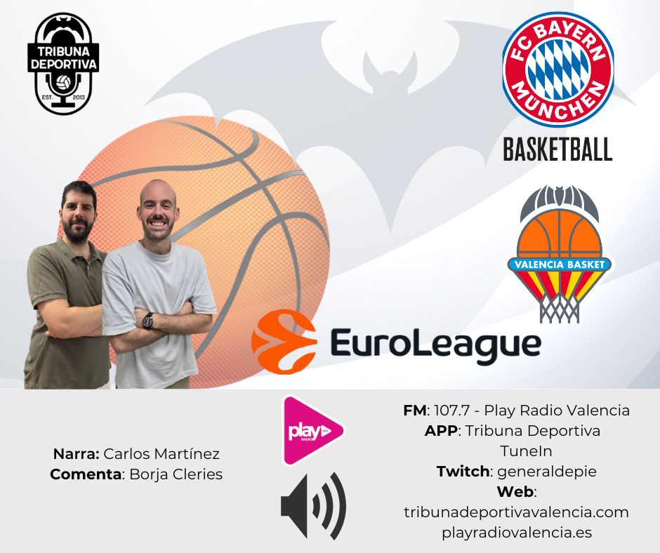 Toca mantener la inercia europea y asaltar Múnich en ‘LA CANCHA DE <a href="/TribunaVCF/">Tribuna Deportiva</a>’📻🎙️

🏀 <a href="/FCBBasketball/">FC Bayern Basketball</a>-<a href="/valenciabasket/">Valencia Basket Club</a>
🏟 SAP Garden
🕰️ 20:15 previa/20:30h 
📻 107.7 FM
💻 tribunadeportivavalencia.com 
📲 m.twitch.tv/generaldepie
📲 App Tribuna