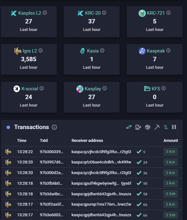 KaspaPulse's tweet photo. The calm before the storm on #Kaspa network... 🌪️ @Igra_Labs  transactions are flooding the chain. Is the official launch imminent? Get ready for what's coming! 🧱⛓️ #KRC20 #IgraNetwork #KAS https://t.co/gfVntKiBas