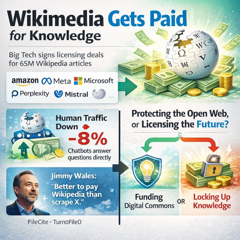 vcarbonellcast's tweet photo. Wikipedia just did something quietly radical: it started getting paid.

After years of being the internet’s “free knowledge layer”, Wikimedia is now signing AI licensing deals with Amazon, Meta, Microsoft, Perplexity, and Mistral. https://t.co/bNSJ9COlX6