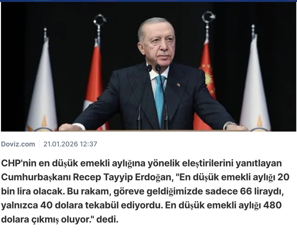 Erdoğan'dan manipülasyona devam:
"İktidara geldiğimizde en düşük emekli maaşı 40 dolardı Şimdi 20 bin TL, 480 Dolar yapıyor"

Hayır, iktidara geldiğinizde en düşük emekli maaşıyla 7 çeyrek altın alınabiliyordu. O da şimdi 77 bin TL yapıyor!