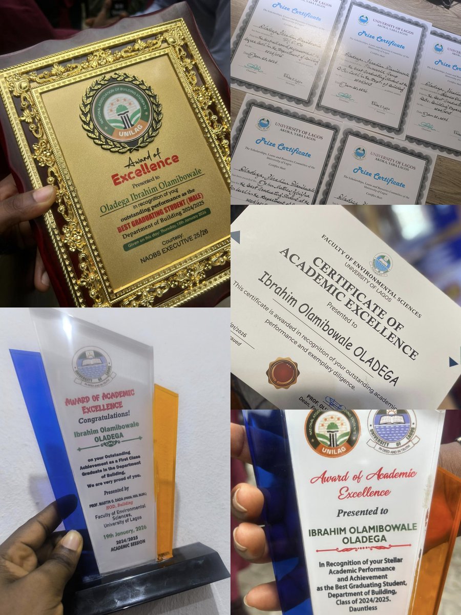 oladegaibrahim's tweet photo. As the Best graduating student of the department of Building, university of Lagos. 
I was honoured with 5 prizes and numerous awards🎉✨ 

Alhamdulillah.🤲 https://t.co/nOPjmUSLac