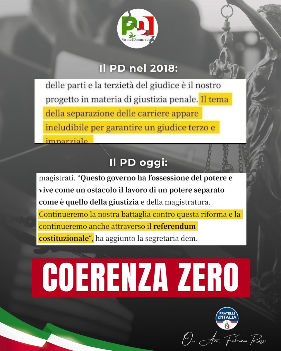 Nel 2018 per il PD, la separazione delle carriere,era una riforma di civiltà, oggi è diventata un pericolo.
Se qualcuno ha una spiegazione che vada oltre la semplice contrapposizione politica sono curioso di leggerla.
Perché le idee possono cambiare, ma i principi, di solito, no.
