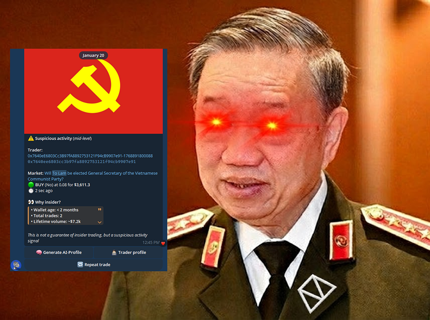 cartelfather's tweet photo. Fresh wallet and 7% chance 👀

Insider flow or just market manipulation?

Vietnam is picking a new communist party rep while new wallet is fading the ~90% favorite

- First bet 2 days ago
- Single market only
- 7% long shot
- Slow DCA style accumulation

@radarpoly caught it from the very first fill and I aped in $100 to try it

In 48h 7% → 12%. I’m up +50-60%. Possible win +$1.3k

Insider wallet is +$10k

Event resolves by Jan 31 but likely this week, watching closely