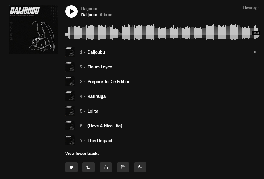 INNreloaded's tweet image. My good friend and scene legend Daijoubu formerly Sleep till it's through (@Daijoubu98 )  has dropped an album for you all to enjoy.
I had an honor to listen to it earlier and it is definitely one of the best albums in the scene and music generally I've heard. 
Links below 👇