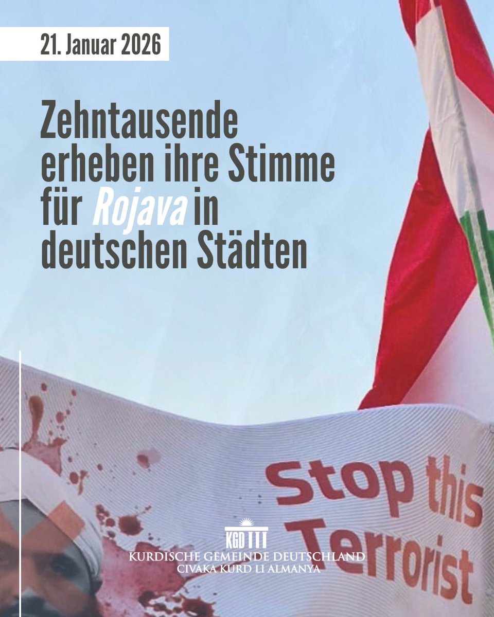 KGDOnline's tweet photo. Auch gestern sind in zahlreichen deutschen Städten wieder zehntausende Menschen auf die Straße gegangen, um auf die dramatische und zunehmend bedrohliche Lage der Zivilbevölkerung in Westkurdistan (Rojava) aufmerksam zu machen.

Die kurdische Region ist derzeit massiv durch islamistische syrische Jolani-Milizen bedroht und faktisch belagert. Die anhaltende Gewalt gefährdet das Leben unzähliger Menschen, untergräbt die Stabilität der Region und stellt eine ernsthafte Bedrohung für den Frieden und die Sicherheit dar.

Die Proteste in Deutschland senden ein klares Signal: Menschenrechte sind universell. Die internationale Gemeinschaft darf nicht wegsehen, wenn die Zivilbevölkerung unter Druck gerät. Es braucht Schutz, humanitäre Unterstützung und politischen Einsatz, um weiteres Leid zu verhindern.

Zugleich gilt: Unsere Proteste sind notwendig. Damit sie gehört werden, brauchen sie Haltung und Maß. Recht und Ordnung zu achten und das Umfeld möglichst nicht zu behindern, schützt die Sache selbst. Besonnenheit, Respekt und klare Haltung stärken die Glaubwürdigkeit unseres Anliegens.
#kurd #Rojava #Kurdistan @AuswaertigesAmt @BMI_Bund