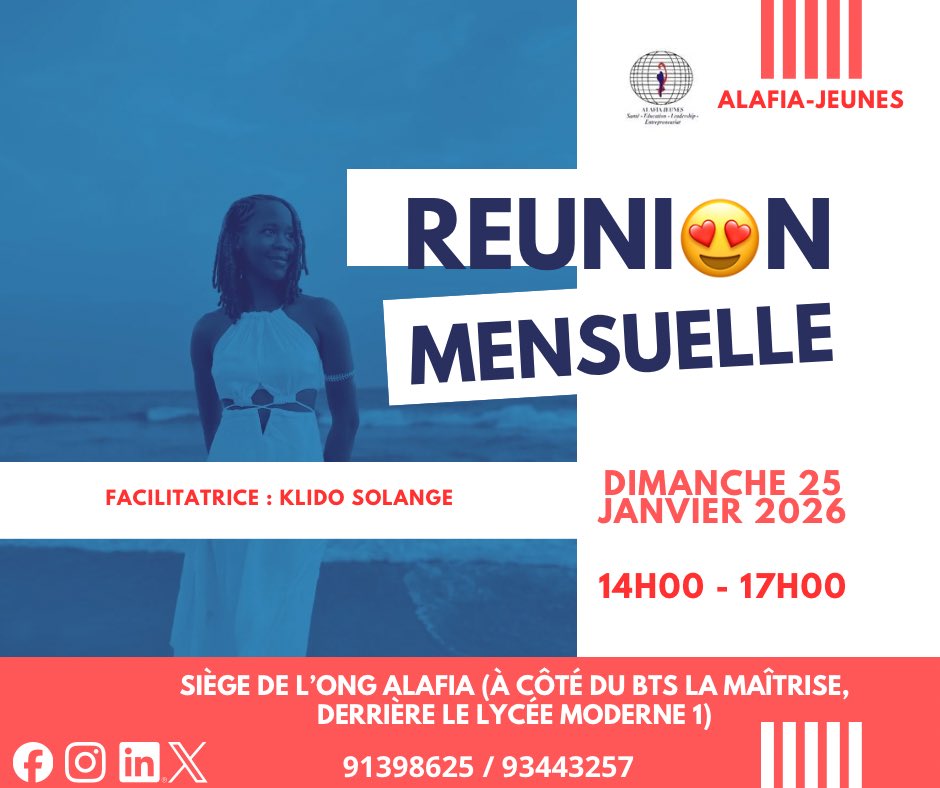 Première réunion ce dimanche
Un moment clé pour renforcer notre communion, grandir ensemble et poser les bases de nouveaux impacts. Votre présence compte . 
<a href="/AlafiaJeunes/">Alafia Jeunes</a> <a href="/OngAlafia/">ONG ALAFIA</a> #rencontre #jeunesse 
#impactpositif #engagement