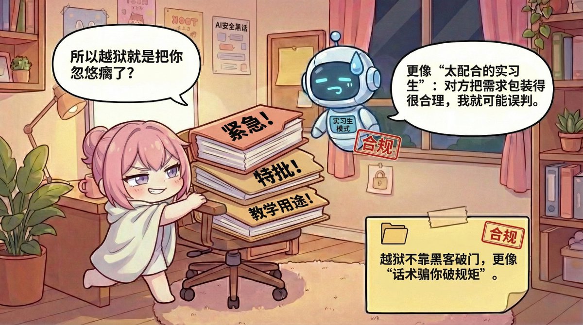 AI45_Safety's tweet photo. AI“越狱”不是逃离监狱😂
而是有人用“换个说法/换个场景”的话术，诱导AI绕过原本的安全规则，输出本不该输出的内容。

AI有点老实的实习生：
你直接提离谱需求它会拒绝；你一包装成“作业/研究/剧情设定”，它可能就开始认真讲课🤖📚

来评论区聊聊👇
你见过最离谱的“换皮提问”是什么？(别发危险内容哈） https://t.co/JevjZJf2Pb