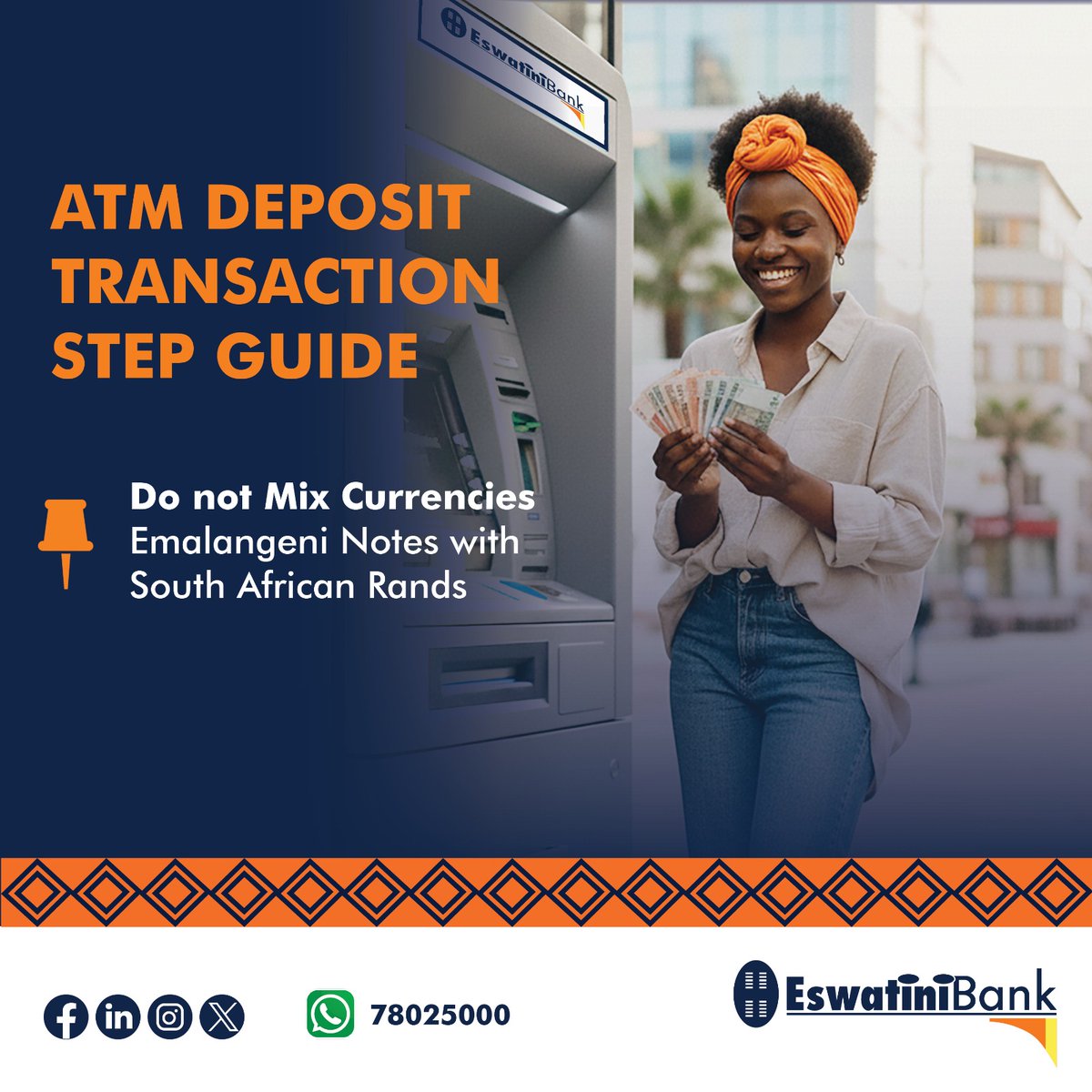 EswatiniB's tweet photo. Depositing into your ShareSha Wallet is simple and secure. Follow the step guide and complete your deposit easily at our ATMs using cardless services. #EswatiniBank #LibhangeLesive #Belong #Tivele_Usekhaya #ShareSha #ATMServices https://t.co/5s2R4Ws4lm