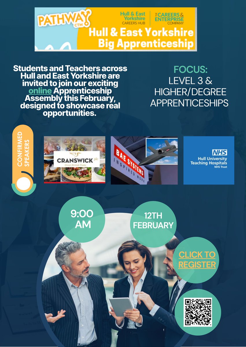 HULL &amp; EAST YORKSHIRE APPRENTICESHIP ASSEMBLY

You're invited to join our exciting online Apprenticeship Assembly this February, designed to showcase real opportunities.

Focus: Level 3 &amp; Higher/Degree Apprenticeships 

Register Here: form.typeform.com/to/VpFn3Eu2