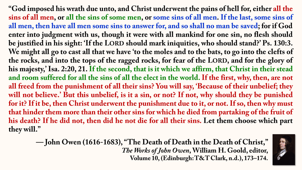 ronhenzel's tweet image. “God imposed his wrath due unto, and Christ underwent the pains of hell for, either all the sins of all men, or all the sins of some men, or some sins of all men. If the last, some sins of all men, then have all men some sins to answer for, and so shall no man be saved; for if…