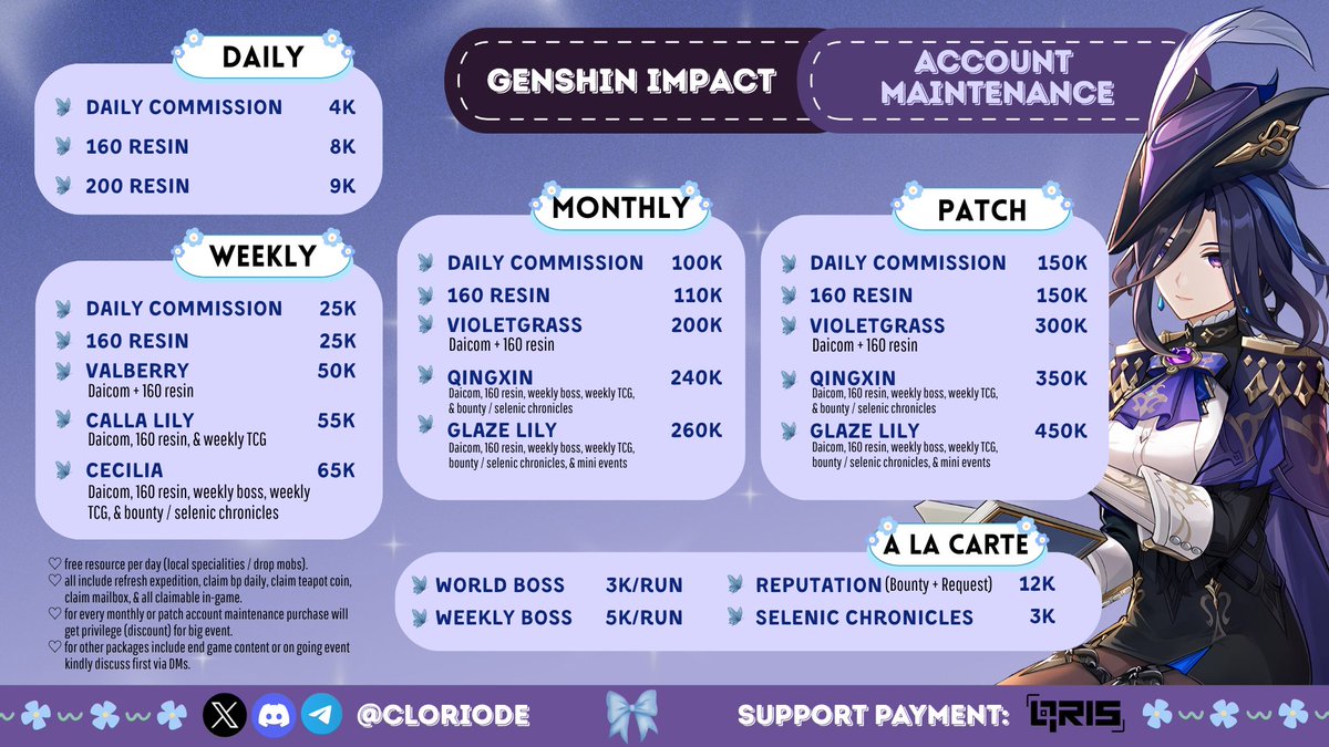 cloriode's tweet image. Lagi sibuk sampai nggak sempat grinding, tapi character incaran udah di depan mata? 🙀

Kalau lagi cari joki genshin, pas banget nih! Mulai dari quest, endgame, event, sampai explore—semua bisa Moona handle! 😼

Detail pricelist &amp;amp; more info: 🔗 linktr.ee/cloriode

#zonauang