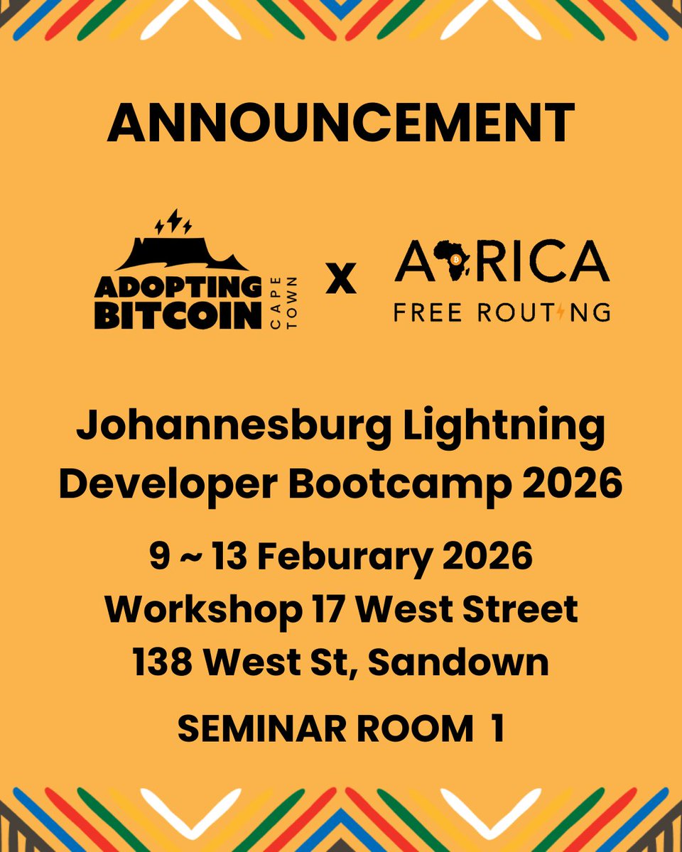 And we're live at the inaugural Johannesburg Lightning Developer Bootcamp in partnership with <a href="/FreeRoutingAf/">Africa Free Routing ⚡</a>!

Find us in Seminar Room 1 at Workshop 17 West Street:
maps.app.goo.gl/FB8zXy459S5t9U…

#abct26