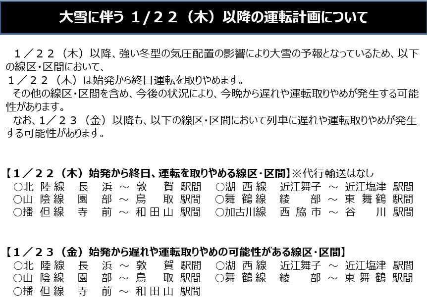 1月22日以降、強い冬型の気圧配置の影響により大雪の予報となっている