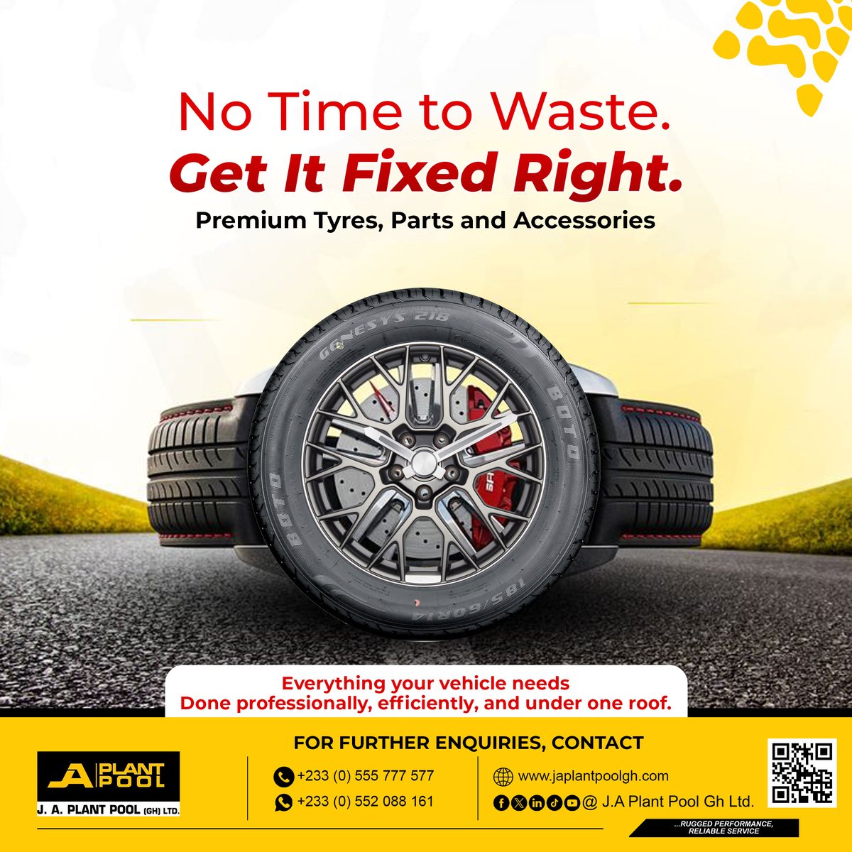 JAPPGH's tweet image. Your time is too precious for delays and guesswork.

At J.A. Plant Pool, we deliver expert aftersales solutions that keep your vehicle safe, reliable, and road-ready.

Drive in today. Let us take care of the rest. No delays. No compromises. Just reliable service.

#JAPlantPool