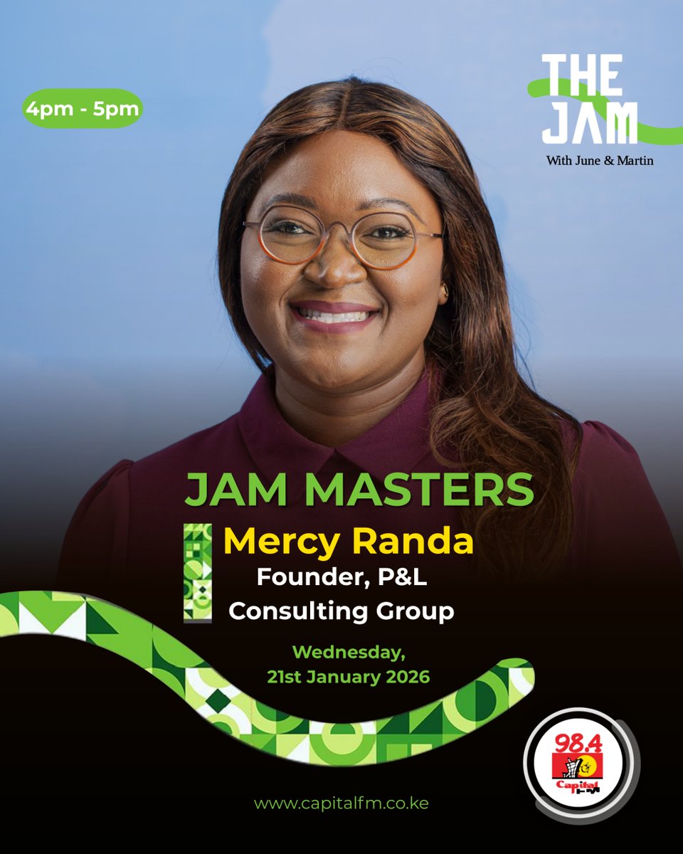 CapitalFMKenya's tweet photo. Our #JamMasters guest today: Founder, P&L Consulting Group, @MercyRanda. Don't miss it! #TheJam with @Palloti76 and @JuneGachui https://t.co/sHst03LrqT