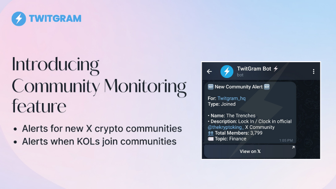 NEW FEATURE ALERT!

We've just launched Community Monitoring on our X-Tracker bot.

You can now track and get alerts when your monitored accounts create or join X Communities - perfect for spotting new crypto groups early!
Alerts are near-instant for Standard &amp; Advanced users.
🧵