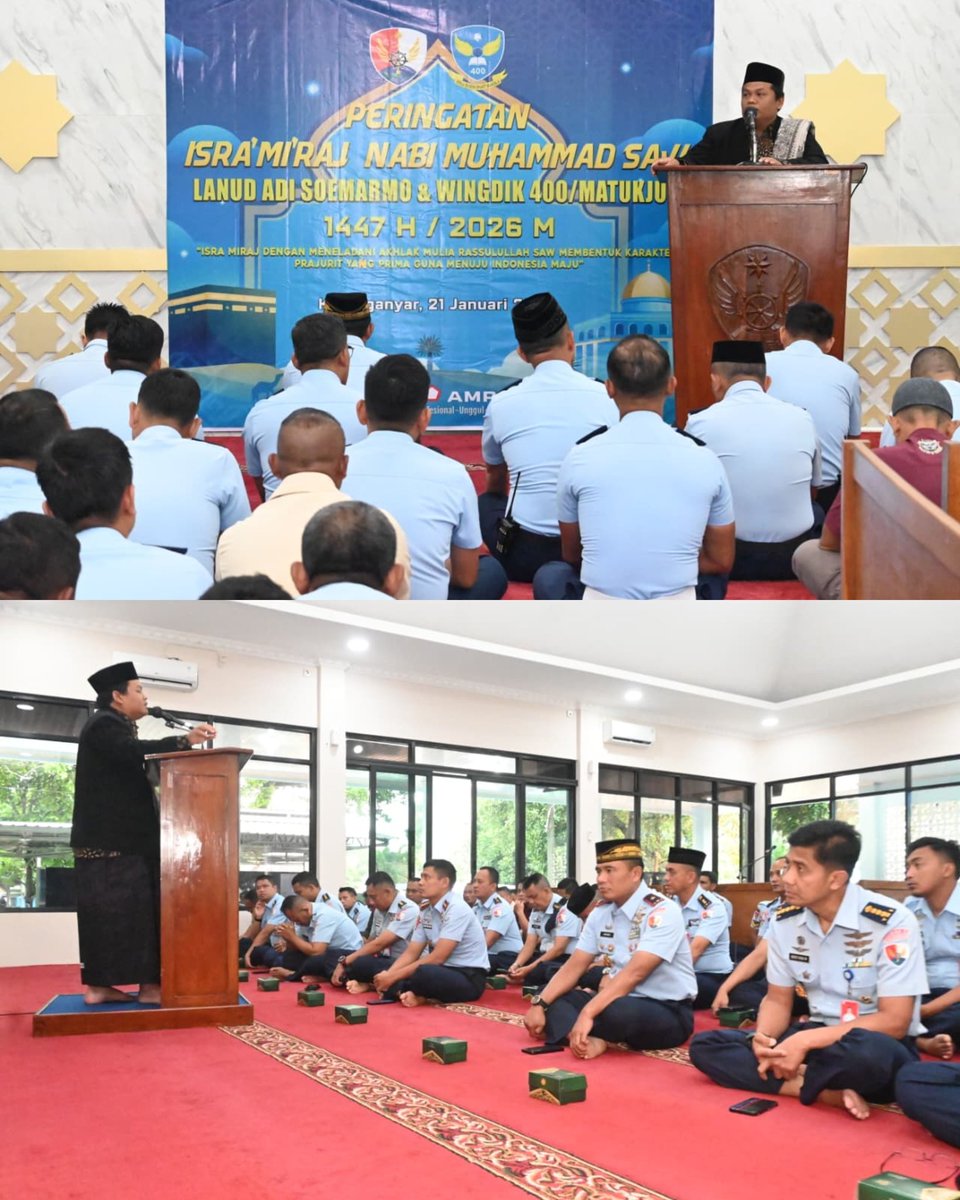 lanud_smo's tweet photo. Pangkalan TNI Angkatan Udara (Lanud) Adi Soemarmo menggelar peringatan Isra Mi’raj Nabi Muhammad SAW 1447 H/2026 M di Masjid Dharutholibin Lanud Adi Soemarmo, Rabu (21/1/2026).
#isramiraj https://t.co/aXQ8mWjYrj