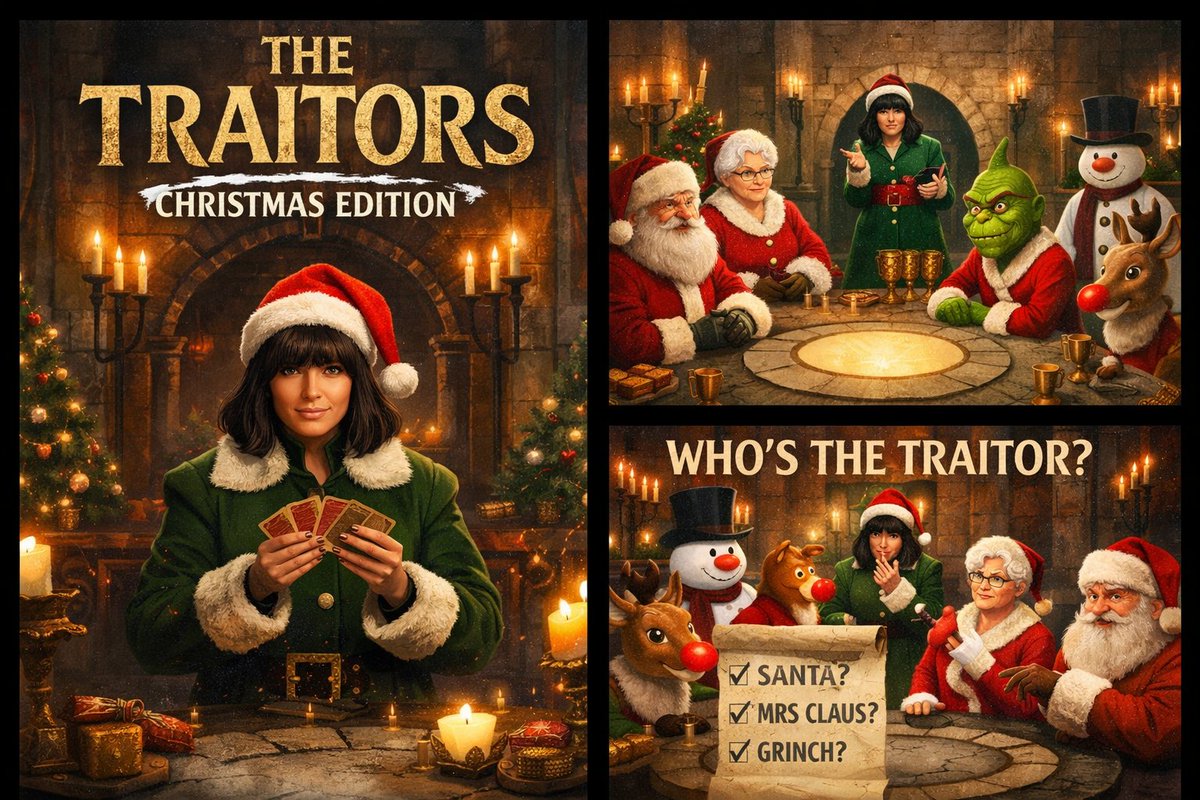 underxmastree's tweet photo. ππ‘οΈ The Traitors: Christmas Edition
Santa: βTrust me.β π©π©
Mrs Claus: says nothing. Terrifying.
Elf: overheard everything.
Rudolph: too pure for this game π¦
Grinch: obvious Traitorβ¦ which means heβs safe π
First banishment? ππ₯
#TheTraitors #ChristmasChaos #FaithfulOrTraitor