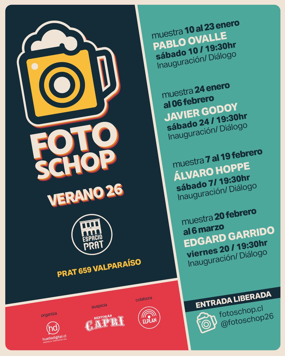 Se sigue desplegando FotoSchop Verano 26 (📸+🍻) en Espacio Prat de #Valparaíso (Prat 659). Hasta este viernes -entre 11 y 19 hrs- sigue abierta la exposición del reportero gráfico Pablo Ovalle. 
El sábado 24, a las 19.30 hrs, se inaugura la muestra fotográfica de Javier Godoy.
