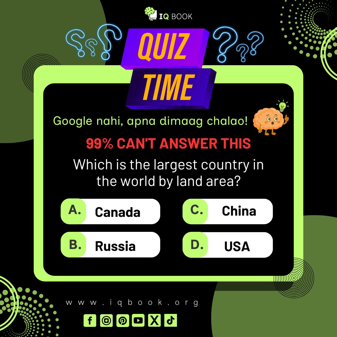 iqbookofficial's tweet photo. 🧠 𝐐𝐔𝐈𝐙 𝐓𝐈𝐌𝐄! 🧠

Google nahi, apna dimaag chalao! 😄

🌍 𝐖��𝐢𝐜𝐡 𝐢𝐬 𝐭𝐡𝐞 𝐥𝐚𝐫𝐠𝐞𝐬𝐭 𝐜𝐨𝐮𝐧𝐭𝐫𝐲 𝐢𝐧 𝐭𝐡𝐞 𝐰𝐨𝐫𝐥𝐝 𝐛𝐲 𝐥𝐚𝐧𝐝 𝐚𝐫𝐞𝐚?

🔗 https://t.co/CF3ZpmBSTm

#QuizTime #BrainChallenge #IQBook #GeneralKnowledge #ThinkSmart #Pakistan https://t.co/GjLKq9RuEj