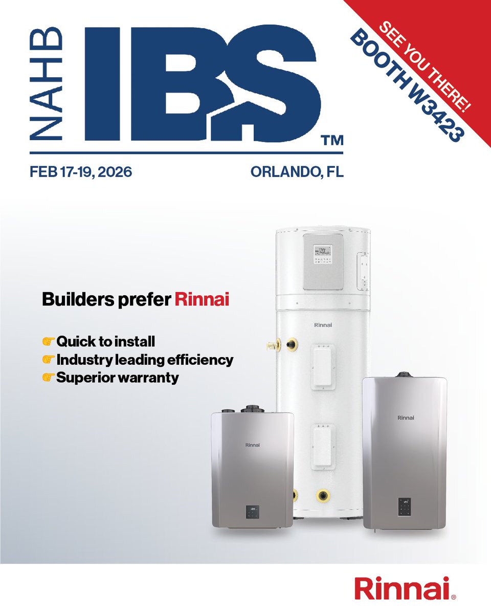 Rinnai's tweet photo. Come see Rinnai at IBS 2026 and learn how we can help with your next build. 

Visit the Rinnai booth (W3423) to talk to our team about the features that make Rinnai the smart choice for builders.

#Rinnai | #TanklessWaterHeaters | #Boilers | #IBS2026 https://t.co/Nzdz9N5rrv