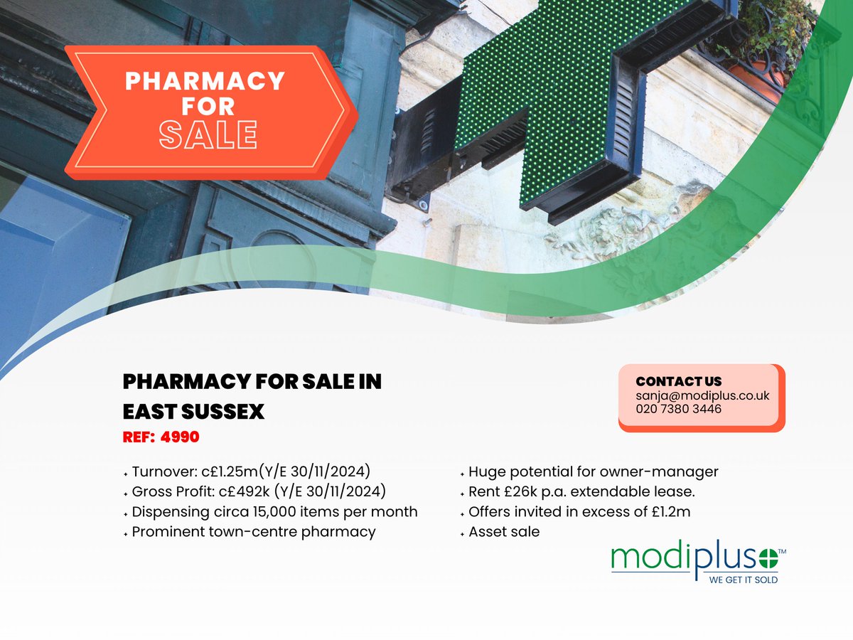 modiplus's tweet image. 📢 Pharmacy for Sale in East Sussex (REF: 4990).

For more information and to register your interest, do get in touch with us by email info@modiplus.co.uk or telephone 020 7380 3446.

#WeGetItSold #Modiplus #Pharmacyforsale #communitypharmacy