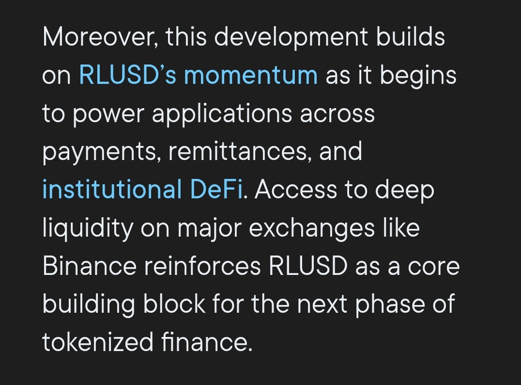 🔥 $XRP –> RLUSD 🔥 In a statement from Ripple: Access to liquidity on  major exchanges like Binance reinforces #RLUSD as a 