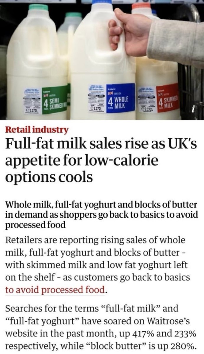 Full-fat milk, full-fat yoghurt and butter are in demand as customers go back to basics to avoid processed food.

🐄 🥛 🧈