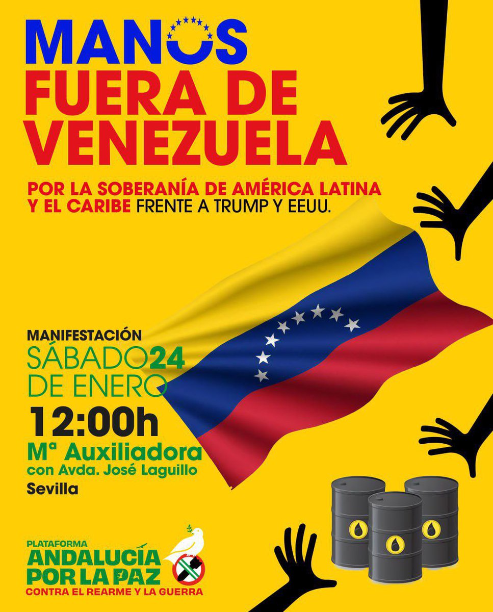 Cuando un pueblo resiste, el imperio ataca.
Andalucía no mira hacia otro lado.
Solidaridad total con Venezuela.
¡No a la OTAN!
#AndalucíaConVenezuela24Enero
#PAZSÍOTANNO24Enero