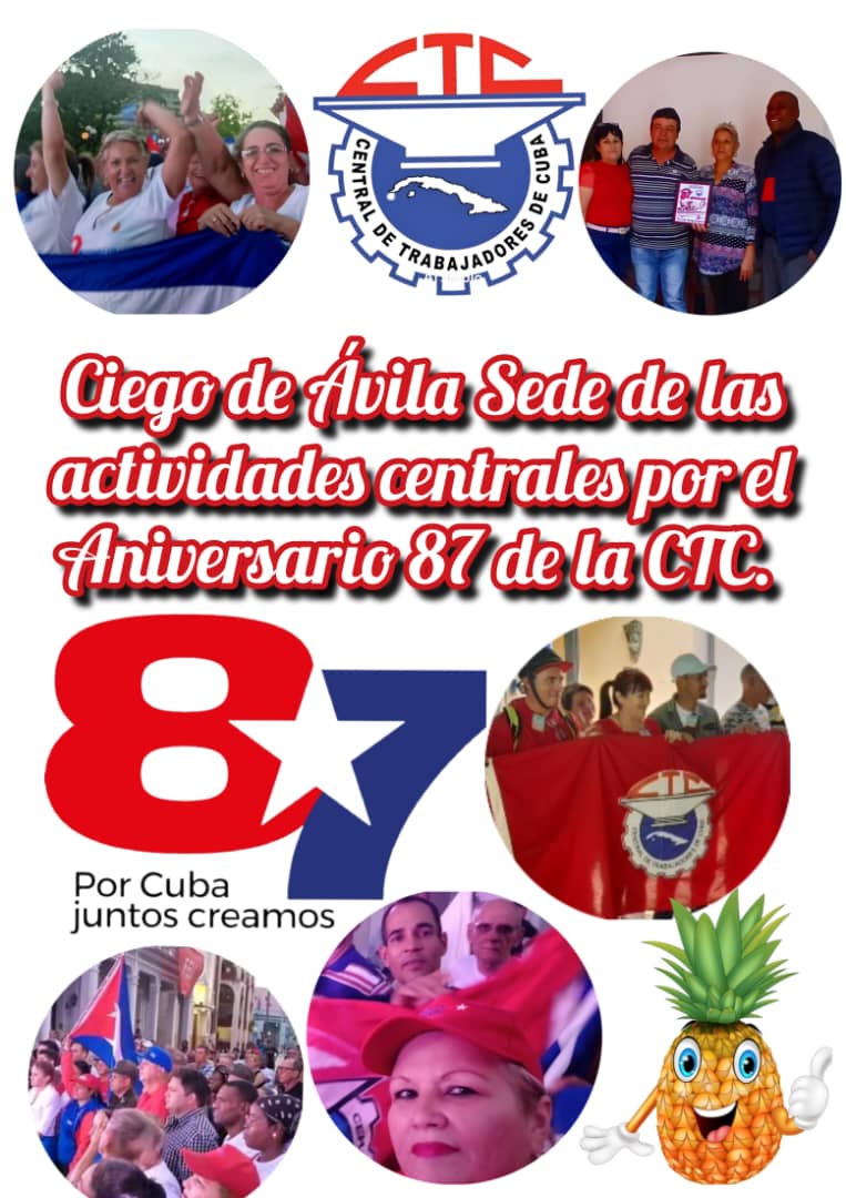 Los trabajadores azucareros felicitamos a todos los dirigentes sindicales de la provincia de Ciego de Ávila por la sede del aniversario 87 de la Central de Trabajadores de Cuba, así como las demás provincias destacadas.