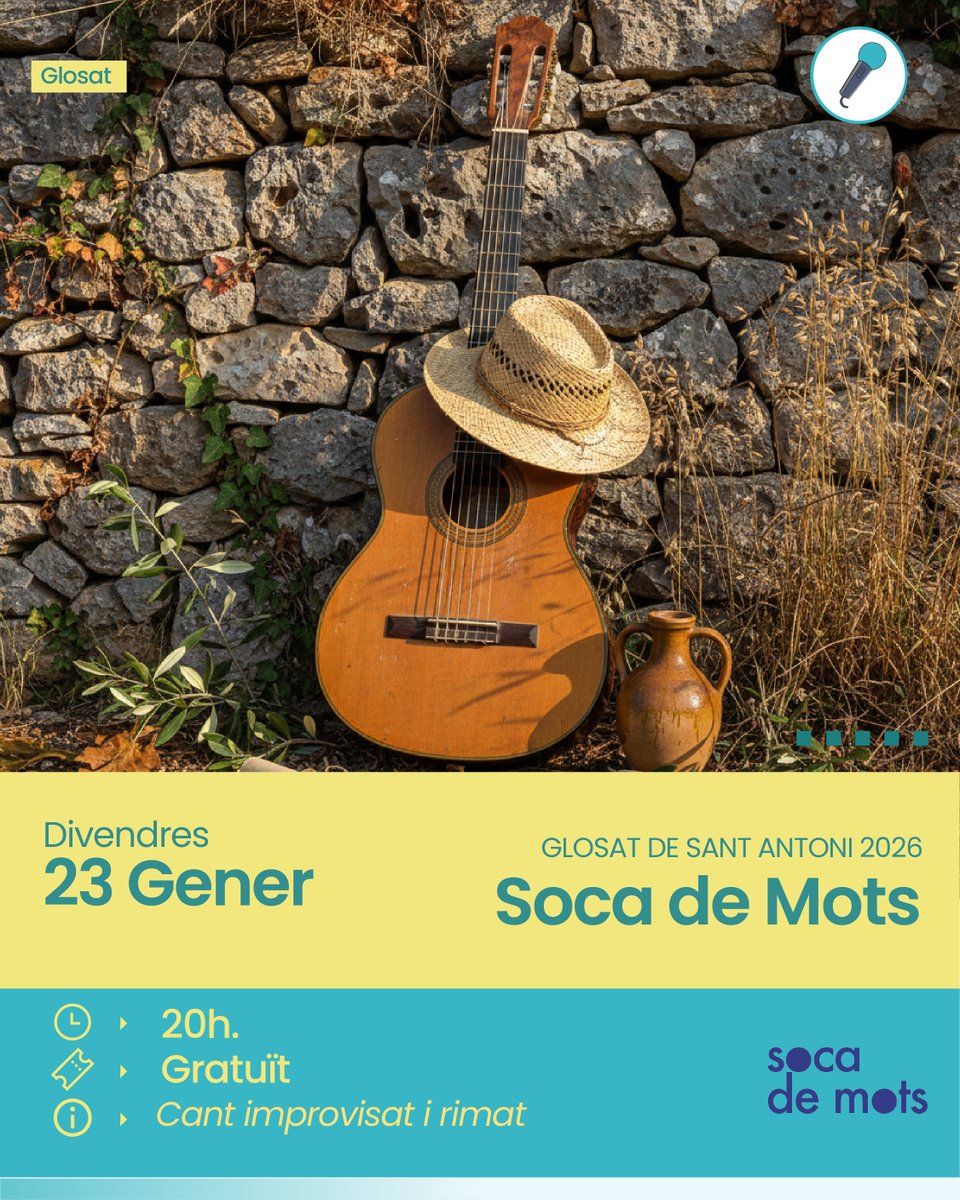 🗣️ Glosat de Sant Antoni. Soca de Mots
📅 23/01/2026 | ⏰ 20 h
🎟️ Gratuït | 🎙️ Català

Un cant improvisat i rimat, vinculat a la tradició oral de Menorca i a la festivitat de Sant Antoni.  
Una vetlada on música, paraula i comunitat es converteixen en festa i identitat.