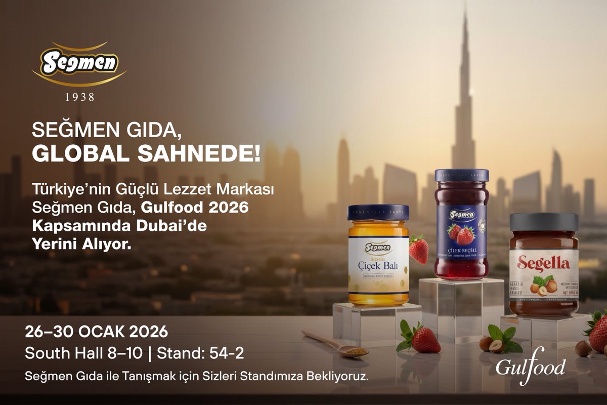 Türkiye’nin güçlü lezzet mirasını uluslararası ticaretle buluşturan Seğmen Gıda, Gulfood 2026’da global iş ortaklarıyla bir araya geliyor. Kalite, güven ve sürdürülebilir üretim anlayışımızı yakından tanımak için Dubai’deki standımıza davetlisiniz.