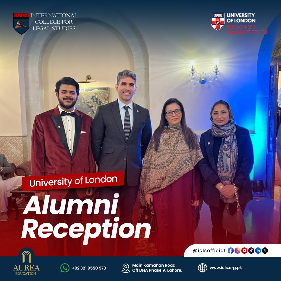 IclsOfficial's tweet photo. Ms. Sarah Tarar (Dean ICLS), Mr. Moghees Uddin Khan (Associate Director Academics) and Mr. Muhammad Saad Zahid (Programme Coordinator Laws) represented ICLS at the Alumni reception hosted by the University of London on the 13th of January, 2026, at Serena Hotel, Islamabad https://t.co/DFFxbZ9li1