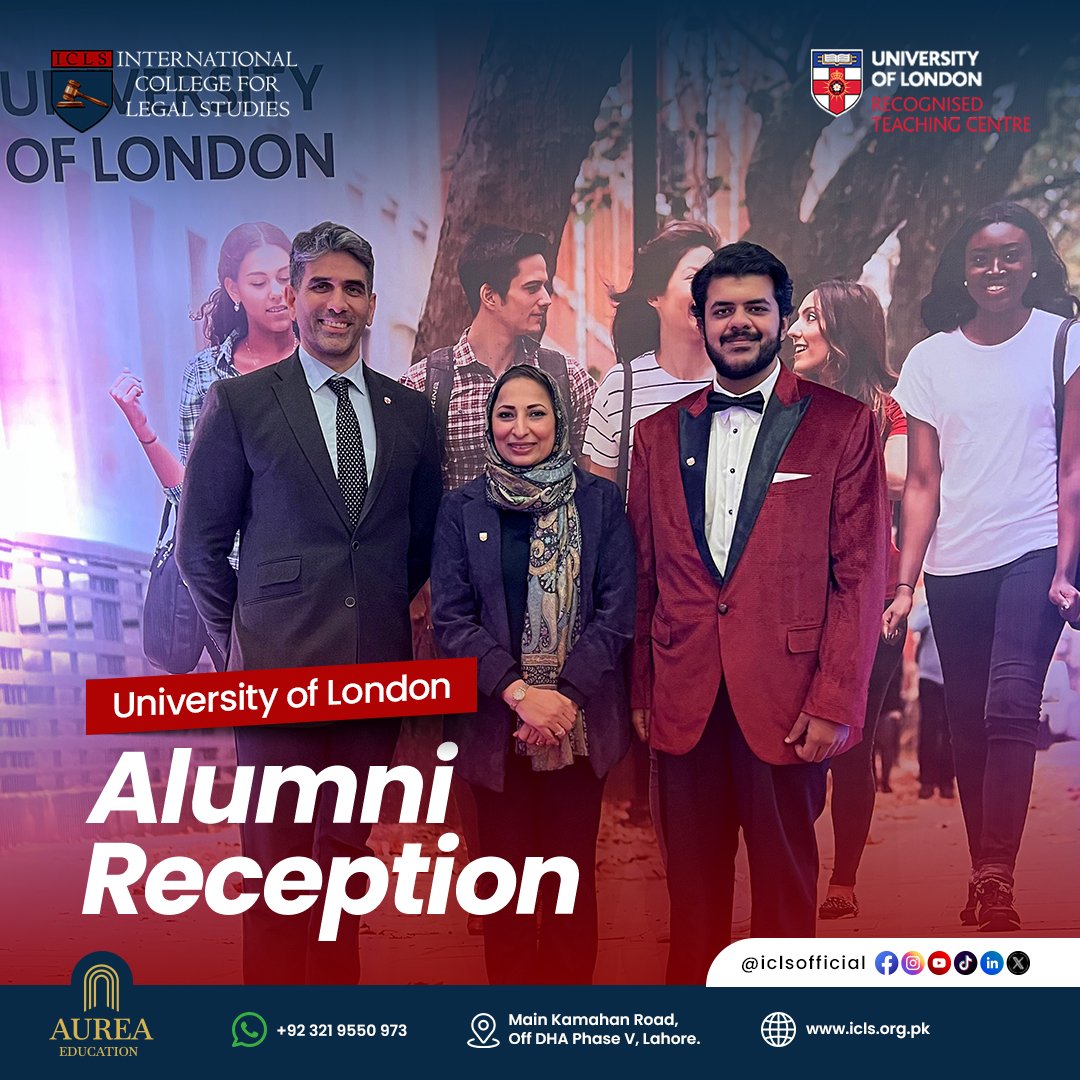 IclsOfficial's tweet photo. Ms. Sarah Tarar (Dean ICLS), Mr. Moghees Uddin Khan (Associate Director Academics) and Mr. Muhammad Saad Zahid (Programme Coordinator Laws) represented ICLS at the Alumni reception hosted by the University of London on the 13th of January, 2026, at Serena Hotel, Islamabad https://t.co/DFFxbZ9li1
