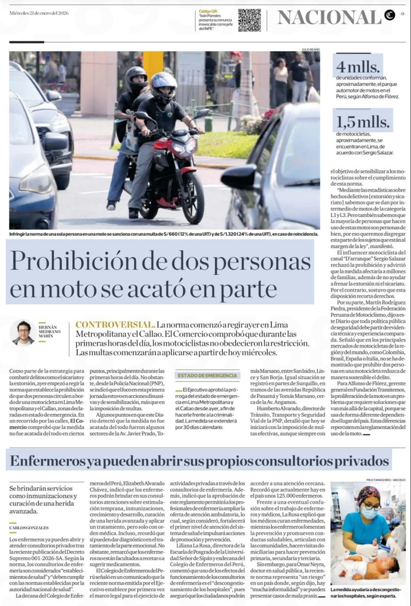 A partir de hoy se comenzarán a cobrar multas por no acatar la norma sobrr la prohibición de que 2 personas circulen en una moto en Lima Metropolitana y el Callao.
Hoy en EC