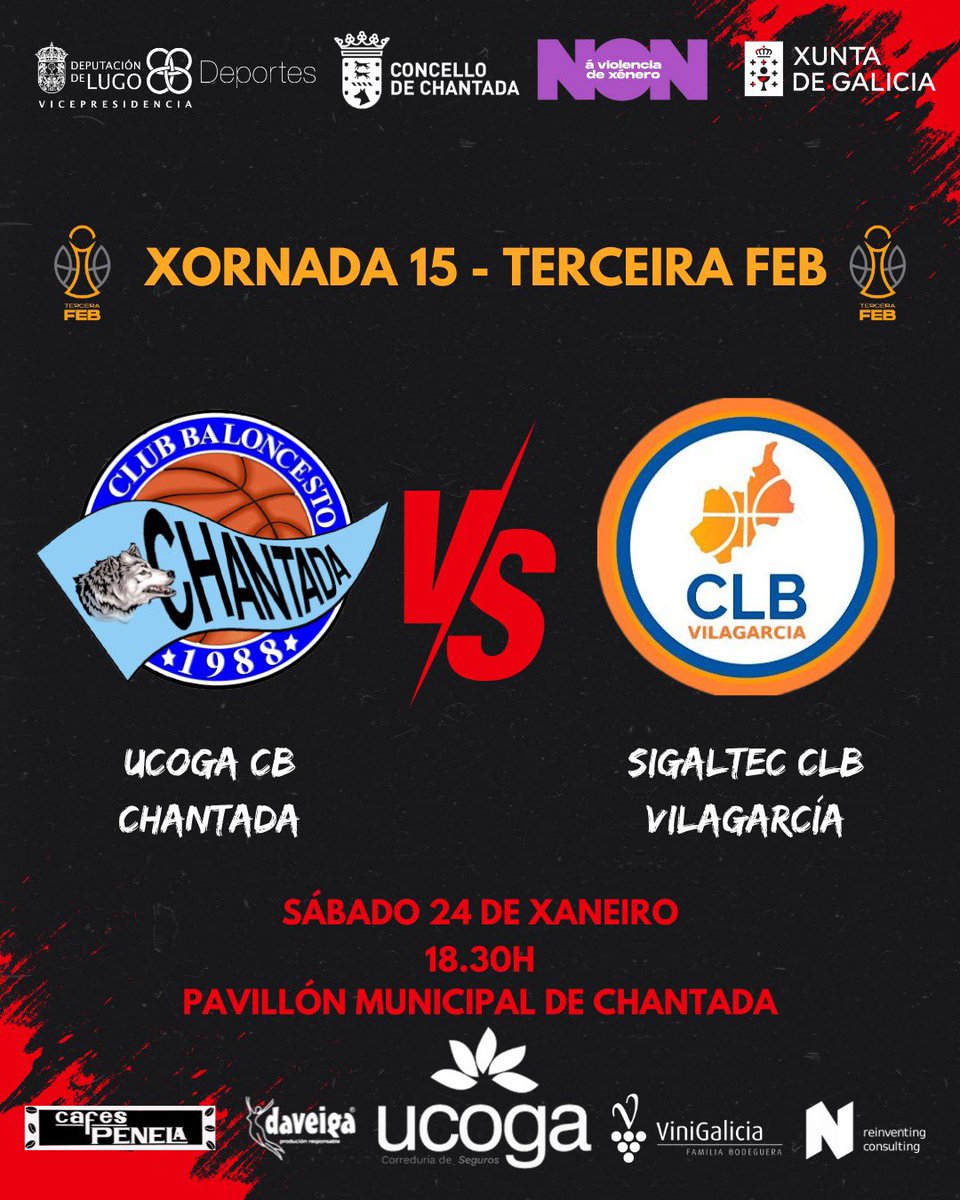 Esta finde xogamos na casa na procura dunha nova vitoria! 🔥

🔴 Ucoga CB Chantada 🆚 Sigaltec CLB Vilagarcía 🟠
📅 Sábado 24 de xaneiro
🕡 18.30h
📍 Pavillón Municipal de #Chantada

Agardamos, coma sempre, a vosa forza e alento. Imos xuntos! Imos lobos! 🐺 

#imoslobos🐺