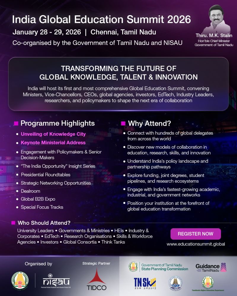UpdatesChennai's tweet photo. TN will host the India Global Education Summit (IGES)!!
📅 : 28-29 January 2026
📍Kalaivanar Arangam in Chennai
➡️ International participation from 20+ countries & unveiling of Chennai Knowledge City... #IGES #InvestInTN 🧑🏫🎓 https://t.co/a9km8Wzffy