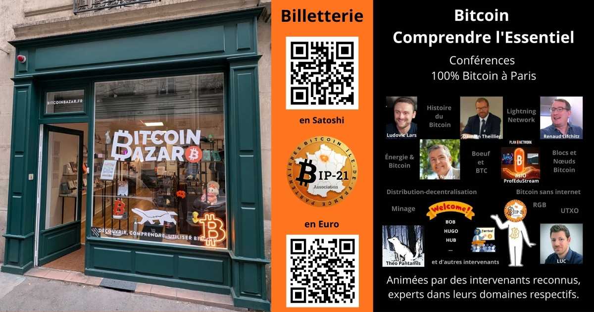 Retrouvez la boutique Bitcoin Bazar <a href="/bitcoinbazar21/">Bitcoin Bazar</a>
exposée lors de notre événement parisien du 31 janvier : bce-bip21.fr 
Un grand merci également à <a href="/Mill3sim3/">Mill3sim3 Permissionless ⚡️</a> bitcoinstore.fr , toujours présent pour donner un coup de main aux organisateurs d'événement