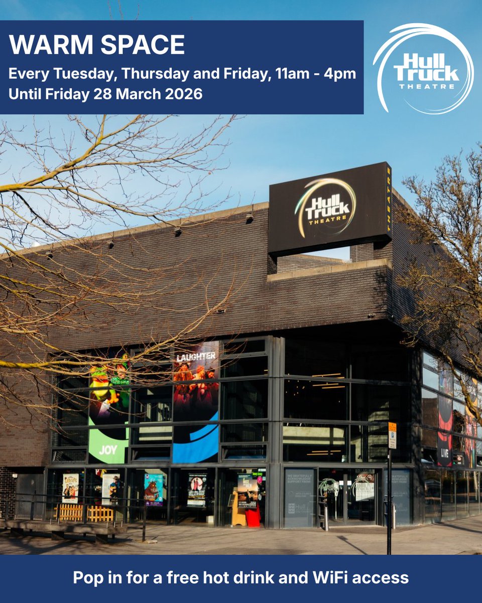 HullTruck's tweet photo. We're delighted to be taking part in @HullCCnews Warm Spaces initiative. Our building will be open every Tuesday, Thursday & Friday from 11am – 4pm (until 28 Mar).
More info about Warm Spaces, here: https://t.co/PwUPXag32X
#WarmSpaces #Winter #HTT https://t.co/FDCR9K8jdG