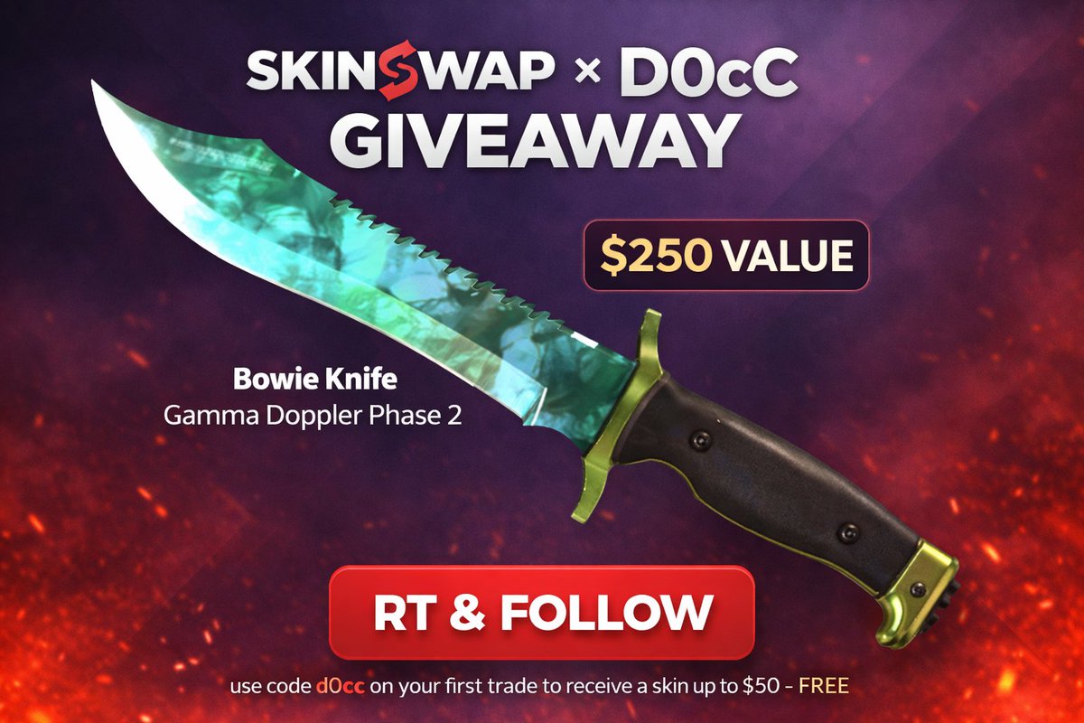 🎁 $250 KNIFE GIVEAWAY 🎁

How to enter:
✔️ Tag 2 friends
✔️ Like &amp; Retweet
✔️ Follow @D0cc_csgo &amp; <a href="/Skinswapcom/">SkinSwap</a>
✔️ Sign up on SkinSwap:
👉 skinswap.com/r/d0cc
 (Prize will be sent directly to your SkinSwap inventory)

⏰ Winner announced in 30 days! 
🍀Good luck 💪🔥