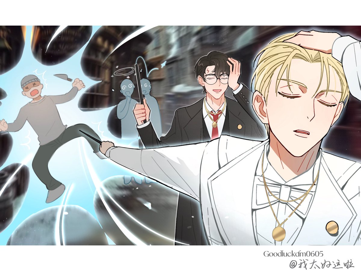 Goodluckdm0605's tweet photo. Spot Auror Draco Malfoy on a case! His partner Auror Harry Potter is busy Obliviating Muggles who were love-struck by Draco and didn't even notice the magic.

#DracoMalfoy #HarryPotter #drarry #hpdm 
梗图来自 #禅院直哉 #naoyazenin #呪術廻戦  #JujutsuKaisen https://t.co/gbEUE6emwY