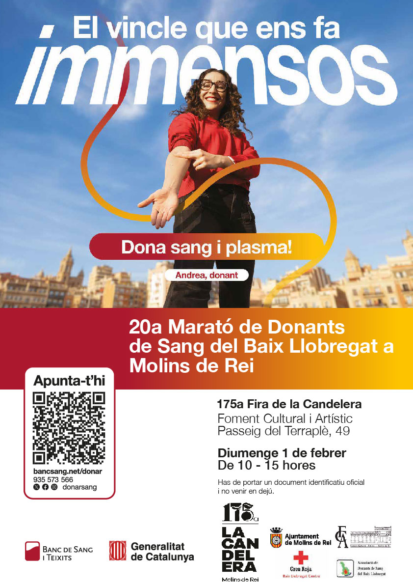 🩸La 20a Marató de Donació de Sang, a la Fira de la Candelera de Molins de Rei, tindrà llocal a l'espai del Foment Cultural i Artístic el proper diumenge 1 de febrer. 
👉Participa-hi o fes-ne difussió!
(més info a la imatge) 
<a href="/AjMolinsdeRei/">Ajuntament de Molins de Rei</a> <a href="/CreuRojaBLLC/">CreuRojaBLLC</a>