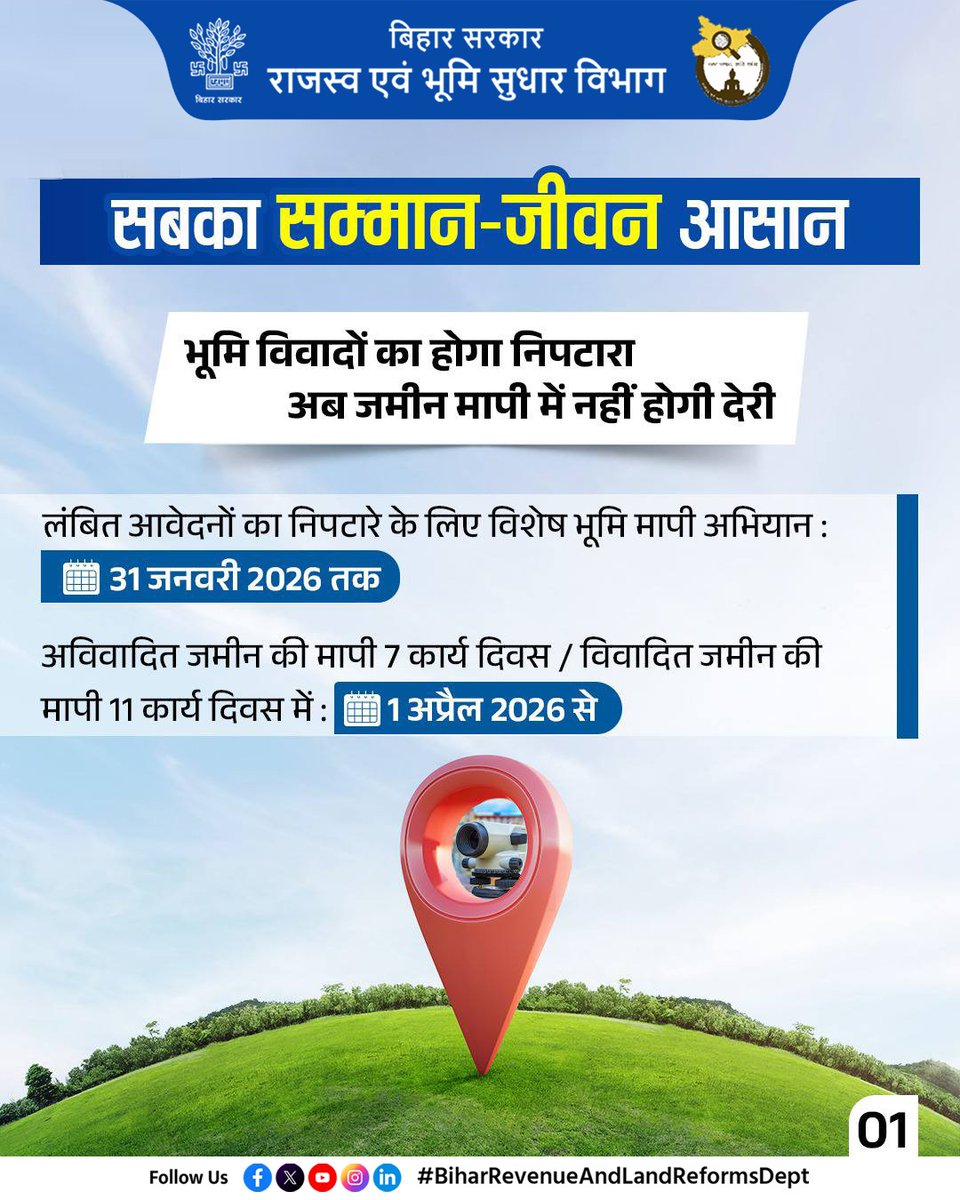 BiharRevenue's tweet photo. माननीय मुख्यमंत्री श्री @NitishKumar जी और माननीय उपमुख्यमंत्री सह मंत्री, @BiharRevenue श्री @VijayKrSinhaBih जी के दूरदर्शी नेतृत्व में सात निश्चय–3 (2025–30) के अंतर्गत सातवां निश्चय ‘सबका सम्मान–जीवन आसान’ लागू किया गया है।
@IPRDBihar
#Emapi
#BiharBhumi
#Measurement https://t.co/QJqUY4k599