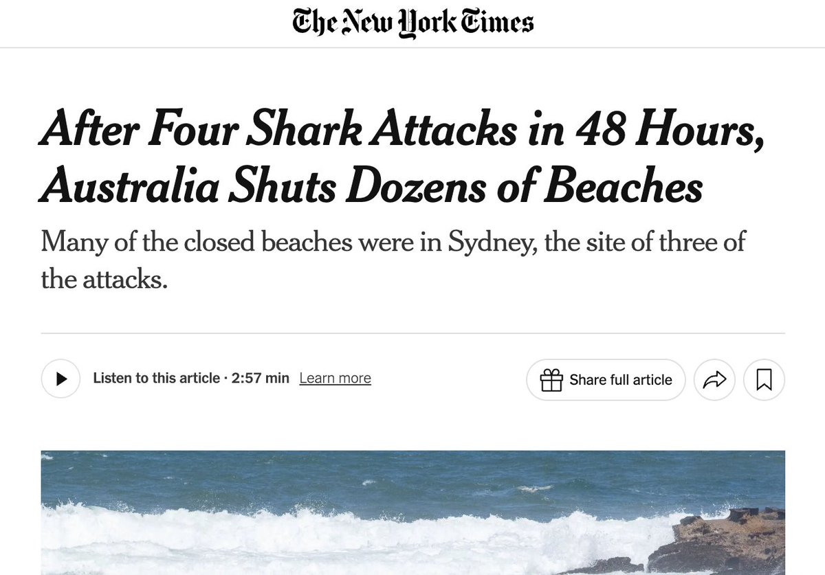 waynehhsiung's tweet image. There are 11,000 sharks killed every HOUR by humans, including as bycatch in nets and by "finning" (cutting fins off a live animal then dumping them back in the ocean). Yet media focuses on 4 attacks (zero fatalities) in Australia.

The dangerous animal here is not the shark.