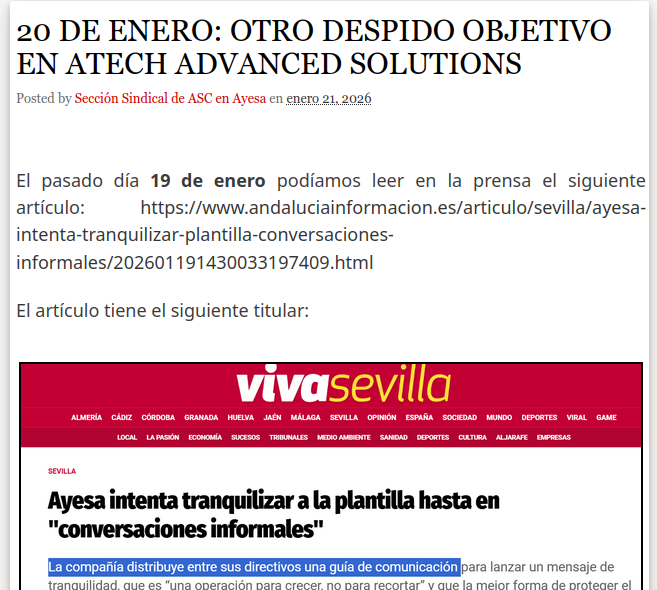 20 DE ENERO: OTRO DESPIDO OBJETIVO EN ATECH ADVANCED SOLUTIONS
asc-ayesaat.blogspot.com/2026/01/20-de-…

<a href="/AyesaNews/">Ayesa</a> #Ayesa #TIC #Ingenieria #Consultoría 

<a href="/ASC_Sevilla/">ASC Sevilla</a> <a href="/ASCsindicato/">Alternativa Sindical de Clase</a>
