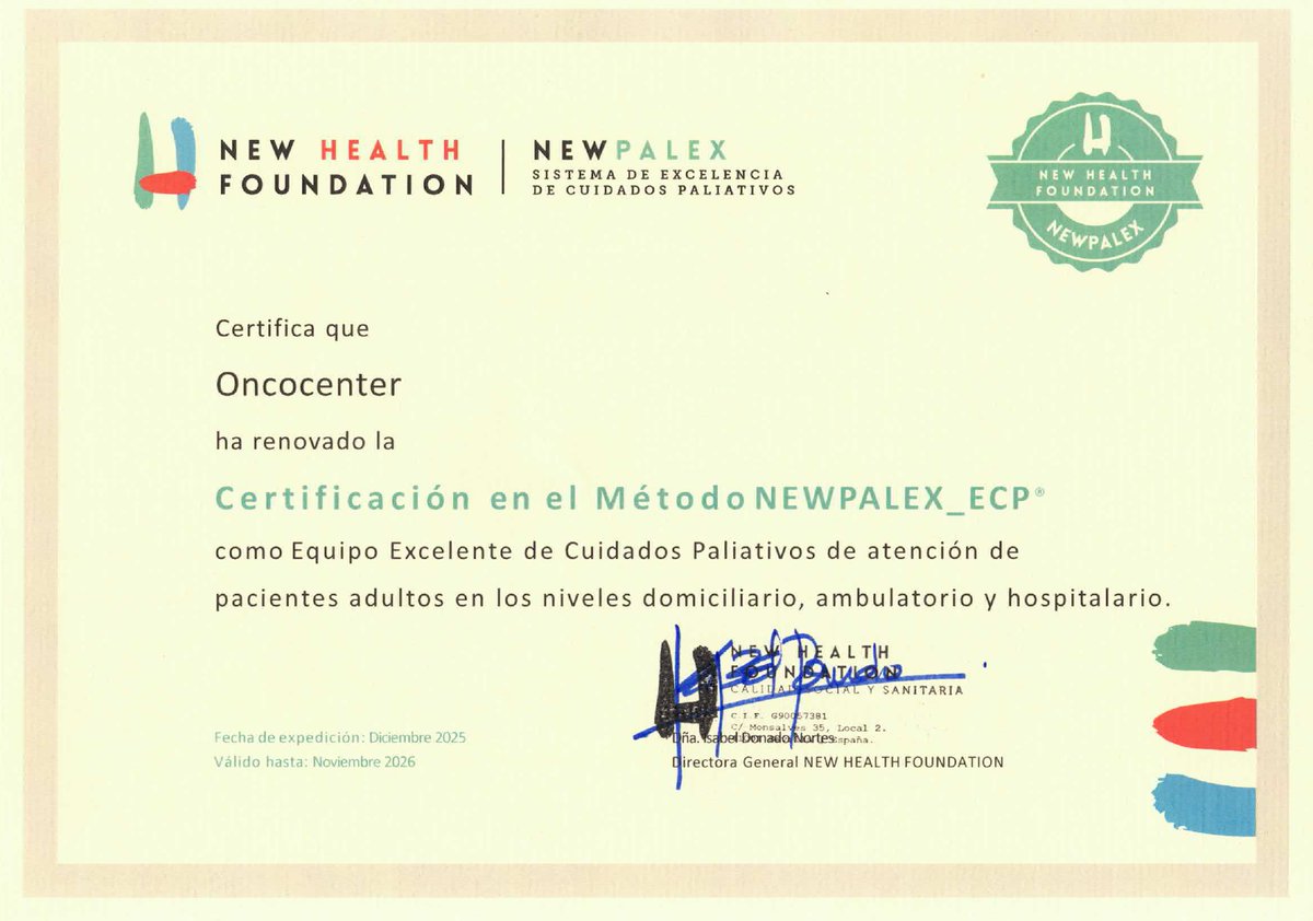 Enhorabuena a Oncocenter por la reciente renovación del Certificado NEWPALEX como Equipos Excelentes de Cuidados Paliativos en los niveles domiciliario, ambulatorio y hospitalario conforme al método NEWPALEX.
#NEWPALEX #perú