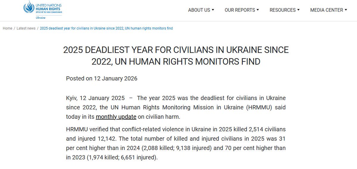 "The year 2025 was the deadliest for civilians in Ukraine since 2022, the UN Human Rights Monitoring Mission in Ukraine said today...

"HRMMU verified that conflict-related violence in Ukraine in 2025 killed 2,514 civilians and injured 12,142...

ukraine.ohchr.org/en/2025-deadli…