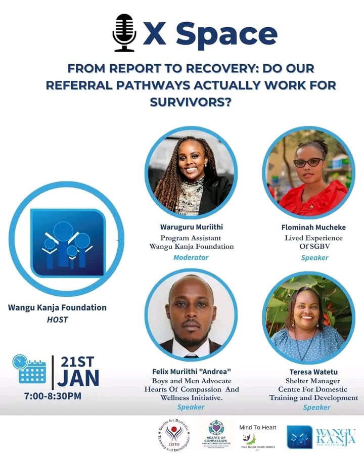 GBV doesn’t end at reporting, recovery must follow.
Do our referral pathways truly work for survivors, or do they fail after the report is made?
🎙️ Join us TODAY on X Space hosted by <a href="/WanguKanjaF/">Wangu Kanja Foundation</a> where our very own <a href="/Teresa8maina/">Teresa Maina</a>  will be joining other powerful speakers to unpack