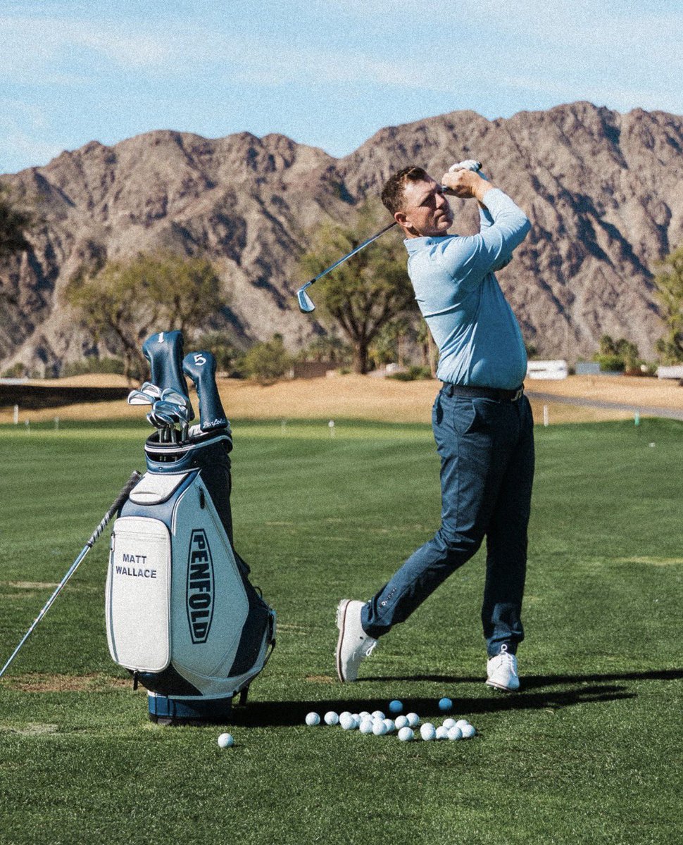 JoshACarpenter's tweet photo. Pretty cool new endorsement for Matt Wallace with longtime golf brand Penfold Golf. Penfold in the past had players like Faldo, Player and Seve on its roster and is now making a resurgence.

Wallace recreated this Seve photo in the desert this week https://t.co/Epof2f7rJD